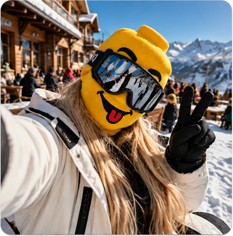 Skier wearing a yellow Toyface ski mask at an après-ski terrace