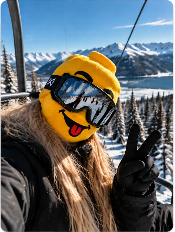 Toyface ski mask selfie on a chairlift