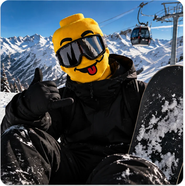 Snowboarder giving a thumbs up in a Toyface ski mask