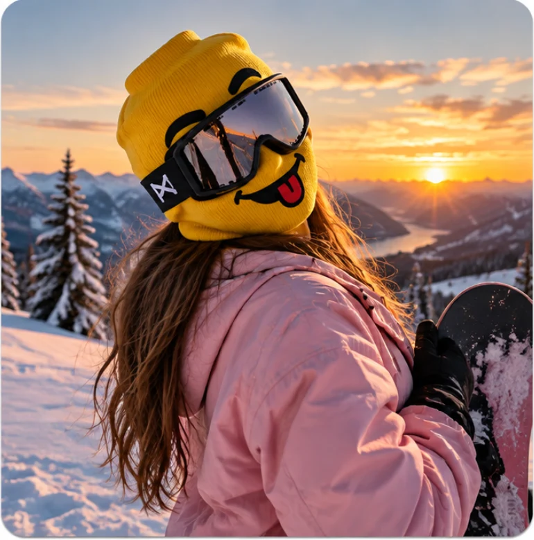 Snowboarder in a Toyface ski mask at sunset