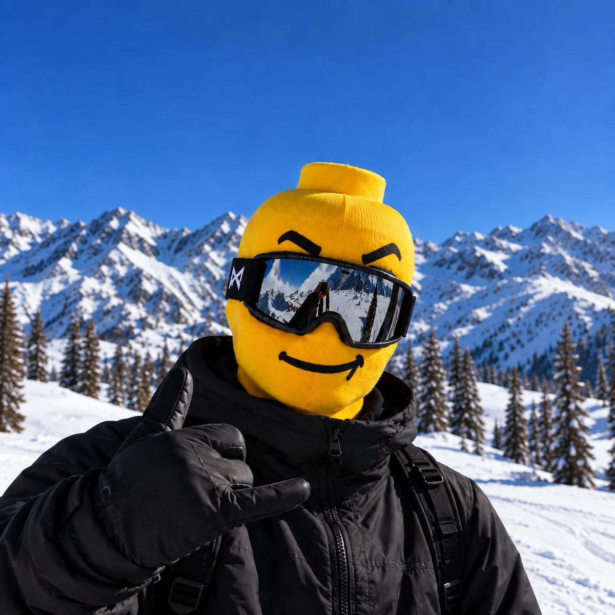 Toyface block head ski mask – Troublemaker smirk face with ski goggles